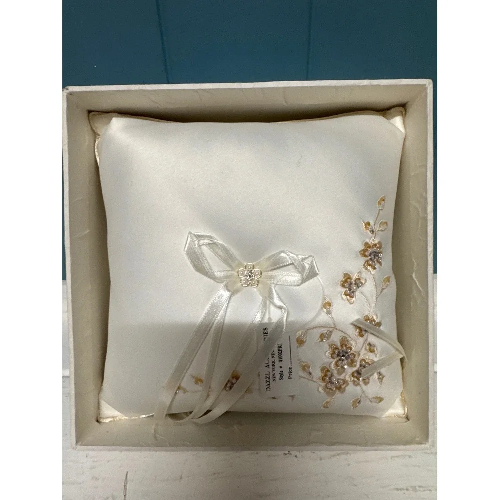 ivory Satin Ring Bearer Pillow taupe‎ embroidered Floral Rhinestone Bow Wedding